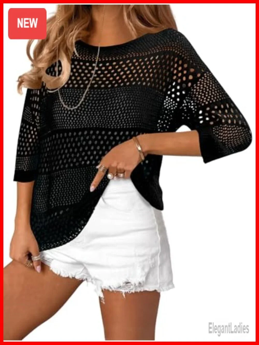 Crochet Hollow Out Three-Quarter Sleeve Beach Swim Cover Up Knit Top